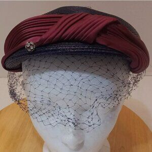 Vintage Eva Mae Modes Navy Blue Straw Hat w/Maroon Satin 1940s